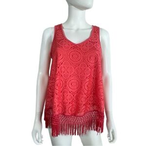 Self Esteem Salmon Color Lace V-Neck Sleeveless Fringe Edge Top
